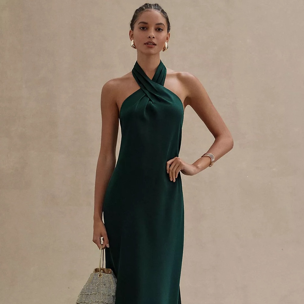 BHLDN Ruby Twist Halter Satin Gown Size 2 Forest Green